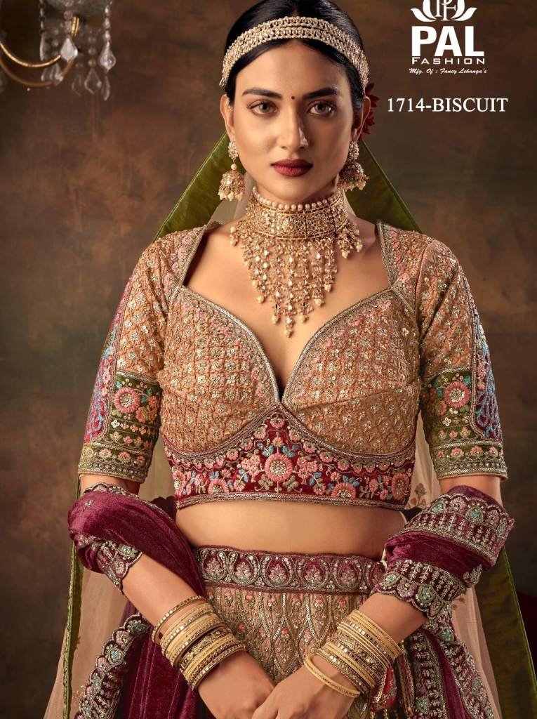 Pal Heavy Designer Velvet Bridal Lehenga with Zarkan and Hand work - Biscuit 1714