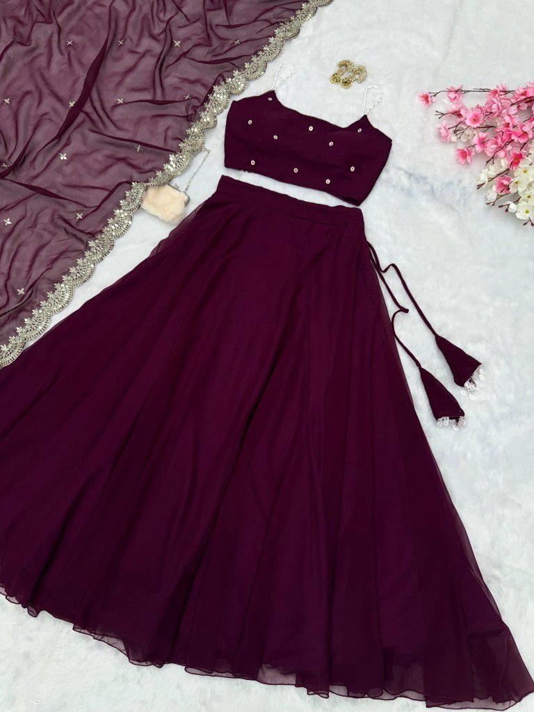 Party Wear Wine Lehenga Set With Stone Work