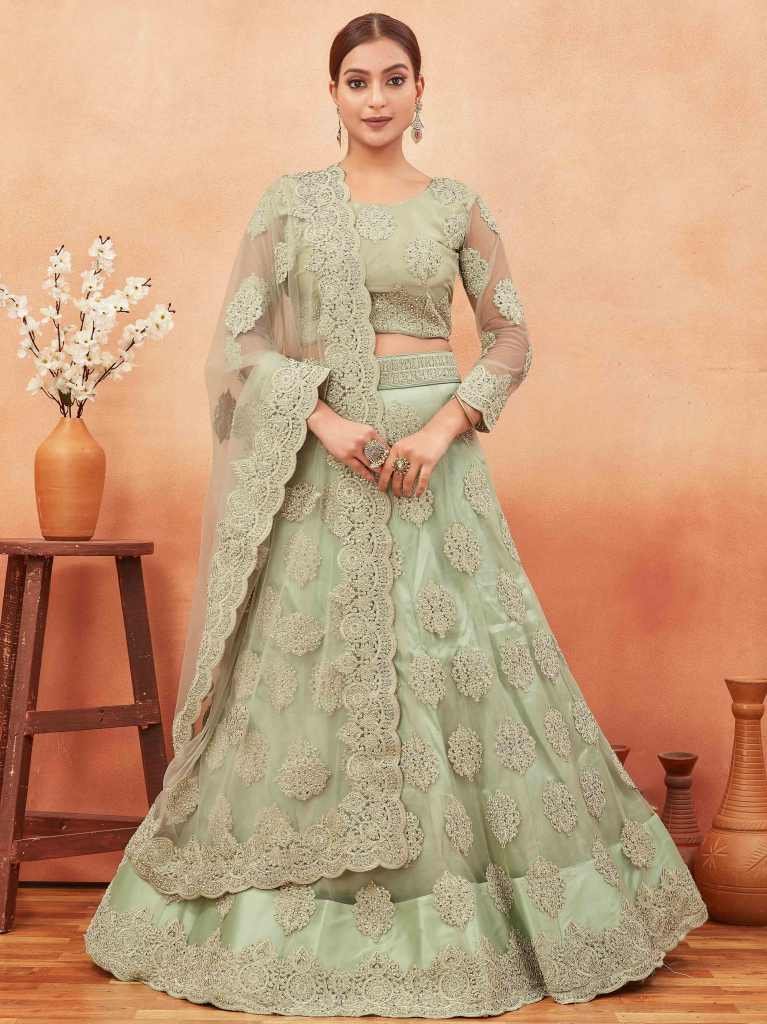 Pista Green Net Embroidered Lehenga choli