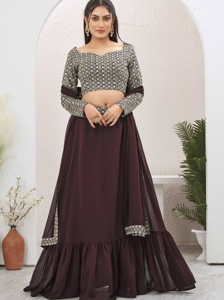 Plain Brown Georgette Ruffle lehenga With Long Sleeve Blouse