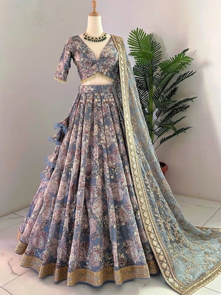Premium Dark Grey Digital Printed Chinon Silk Lehenga Choli