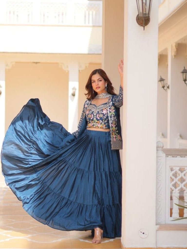 Pure Chinon Rama Lehenga Choli Dupatta With Koti