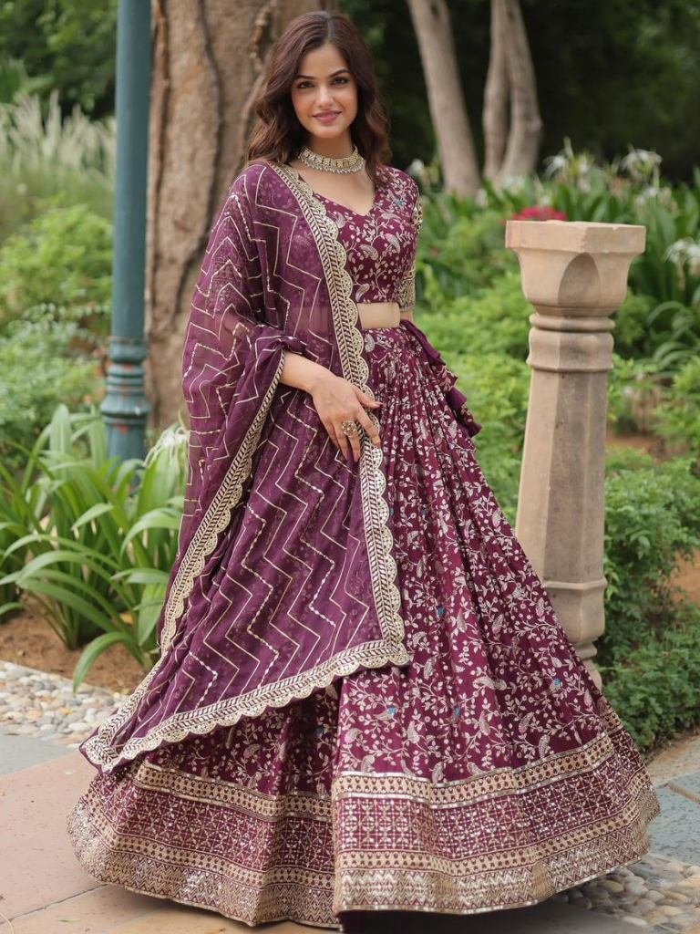 Pure Dyeable Viscose Jacquard Wine Lehenga Choli With Dupatta