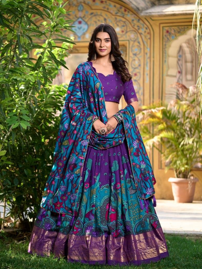 Purple Kalamkari Print Tussar Silk Lehenga Choli With Gota Patti Border Dupatta
