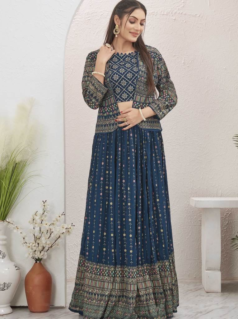 Rama Blue Georgette Lehenga with Jacket by Fab Funda