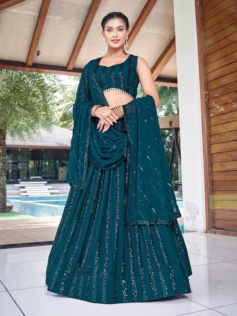 Rama Green Sequence Flared Lehenga Choli For Festive Season