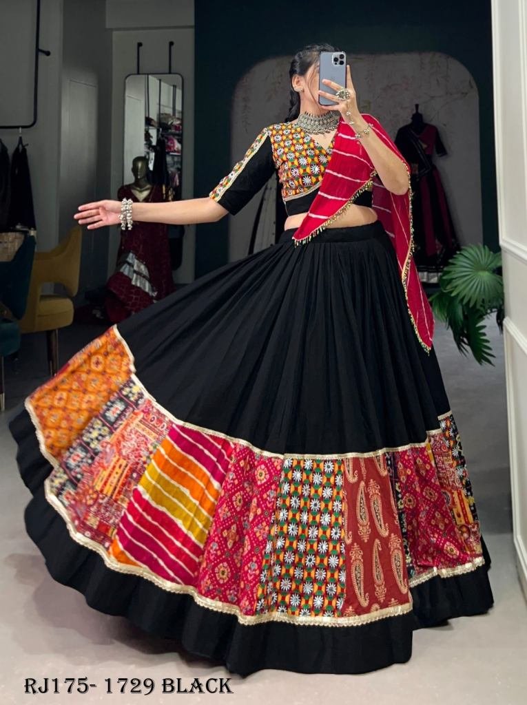Rayon Printed with Gamthi Work Black Authentic Gujarati Navratri Chaniya Choli