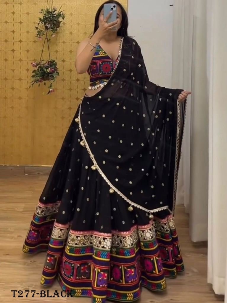 Real Mirror Black Work Gorgette Lehenga Choli