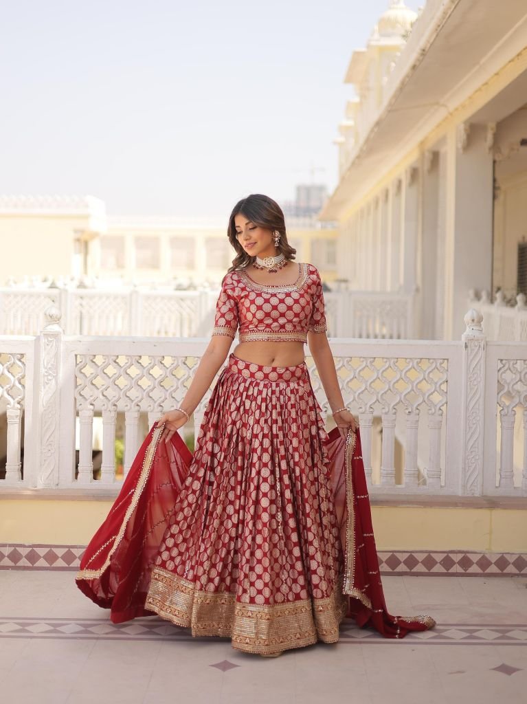 Red High Grade Pure Viscose Jacquard Lehenga Choli