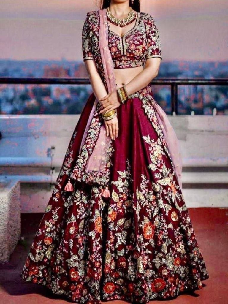 Red Mono Satin Silk Embroidery work Lehenga Choli
