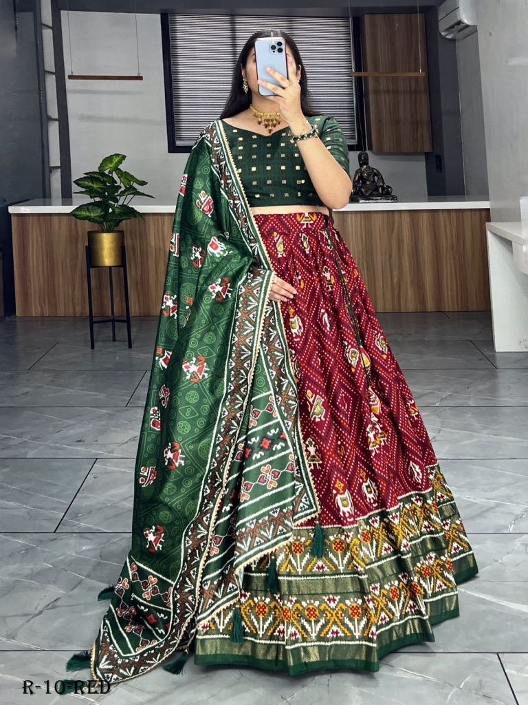 Red Patola And Bandhani Print Tussar Silk Lehenga Choli With Green Blouse