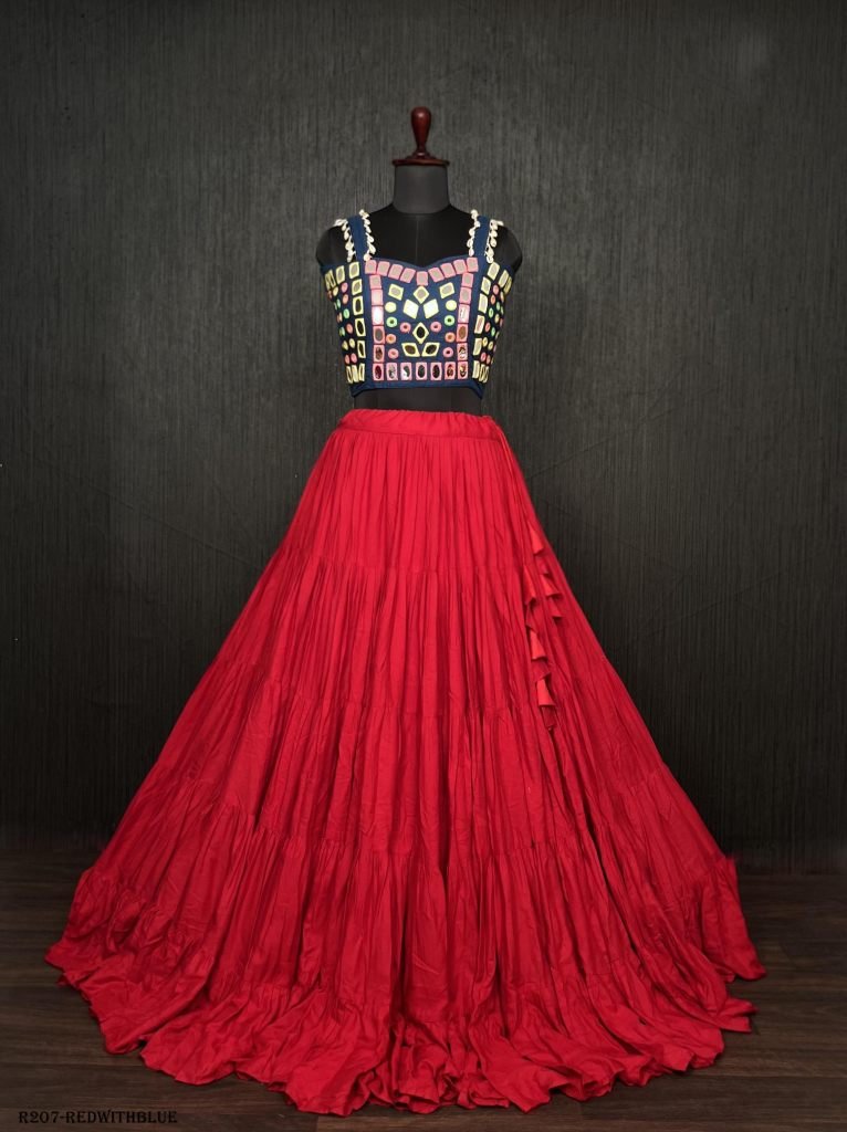 Red Real Mirror Work Rayon Navratri Lehenga Choli With Blue Blouse