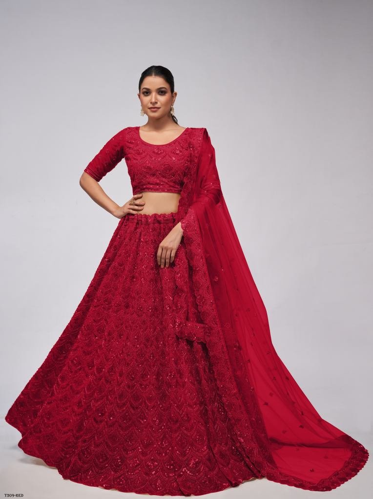 Red Soft Net Sequence Work Lehenga Choli