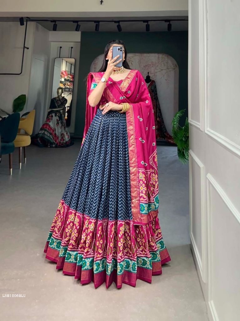 Royal Blue Foil Print With Patola Tussar Silk Lehenga