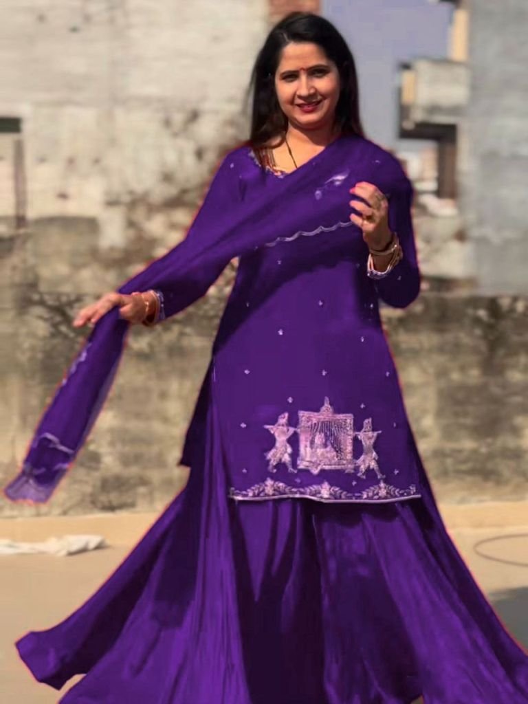 Royal Grace Purple Kurti With Embroidered Flared Lehenga Set