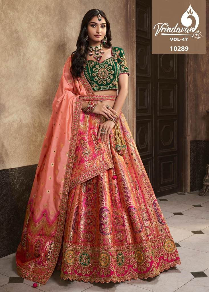 Royal Vrindavan Vol 47 Baby Pink and Green Banarasi Silk Lehenga