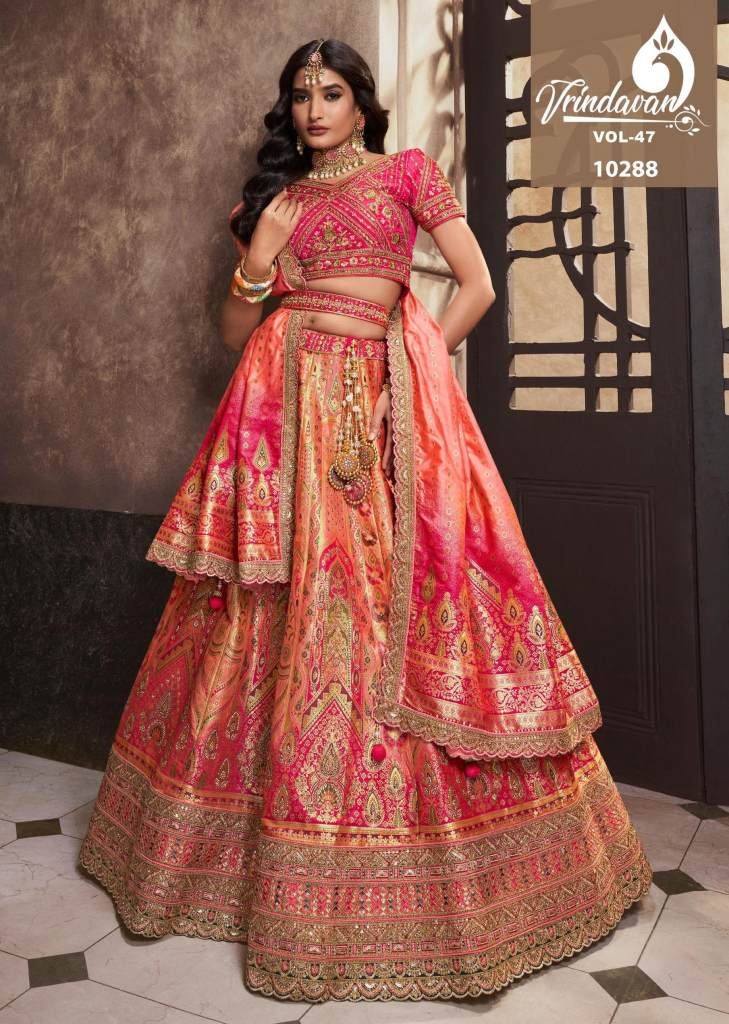 Royal Vrindavan Vol 47 Peach and Pink Banarasi Silk Lehenga