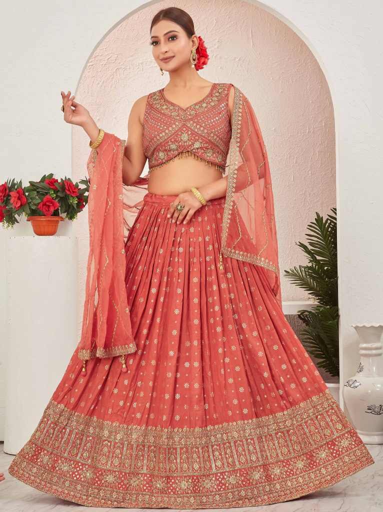 Rust Jacquard Dola Silk Lehenga Choli Set