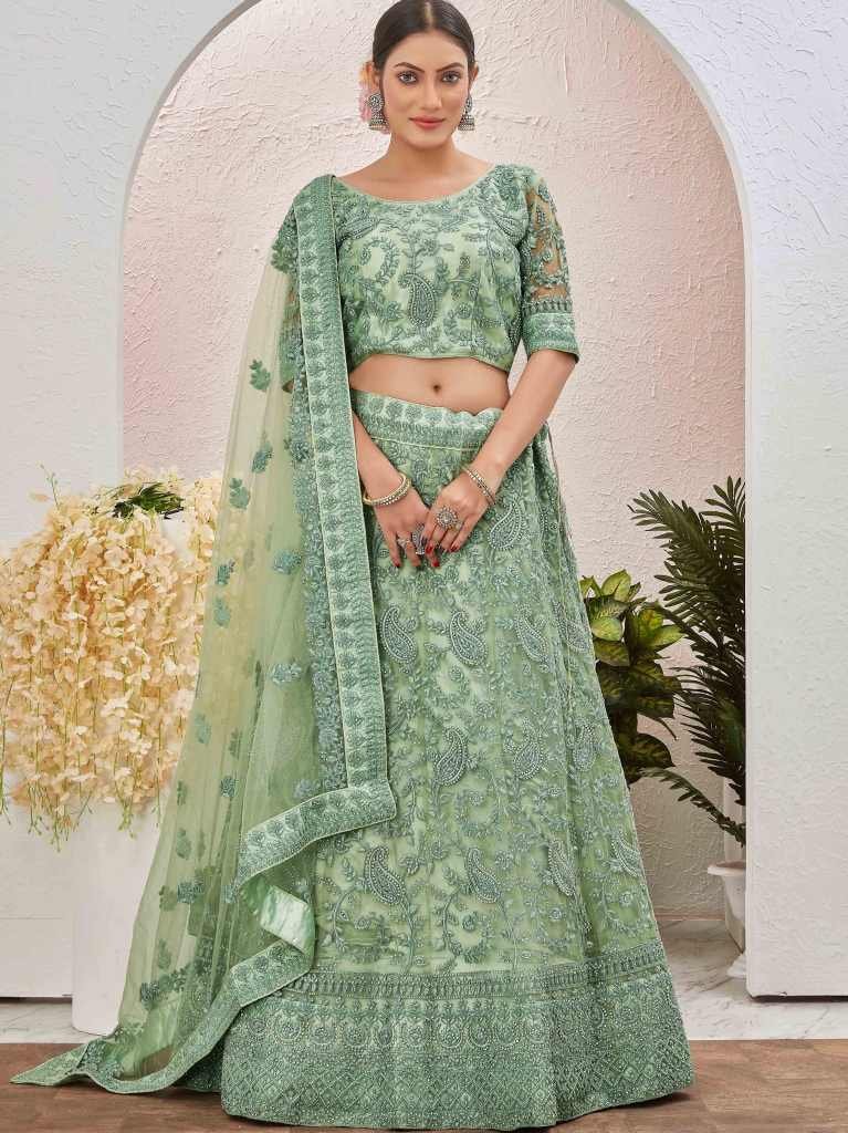 Sea Green Embroidered Work Net Lehenga choli
