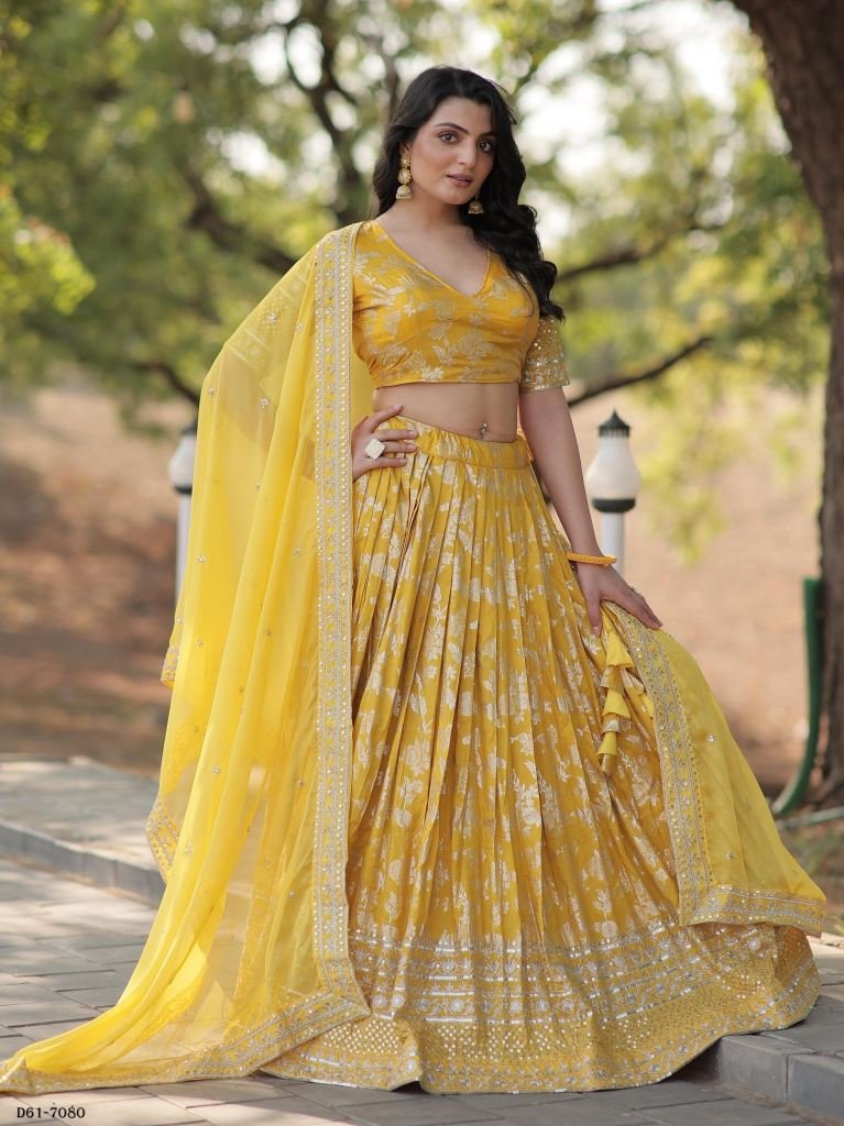 Sequinned Pure Viscose Jacquard Yellow Lehenga Choli Set