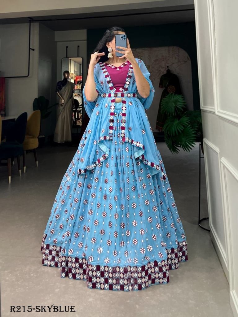 Sky Blue Classic Party Wear Georgette Lehenga Choli With Mirror Work Belt