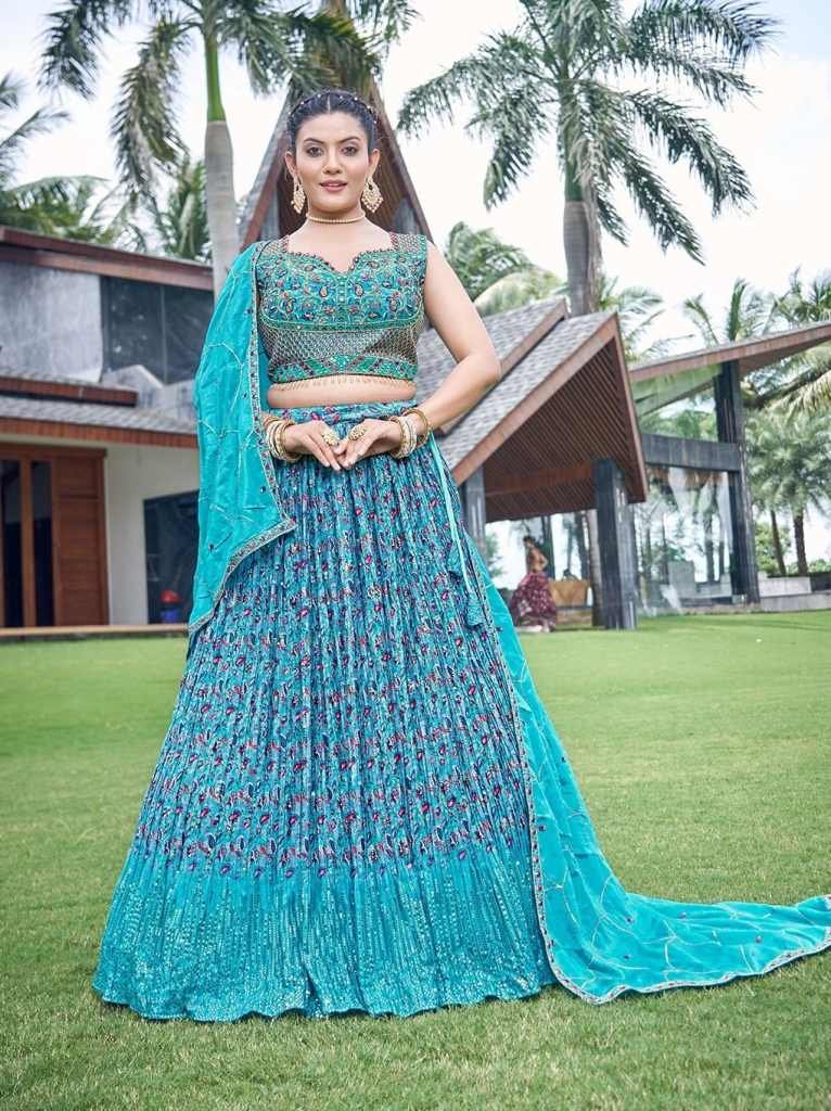 Sky Blue Digital Printed Mukeish Work Lehenga Choli