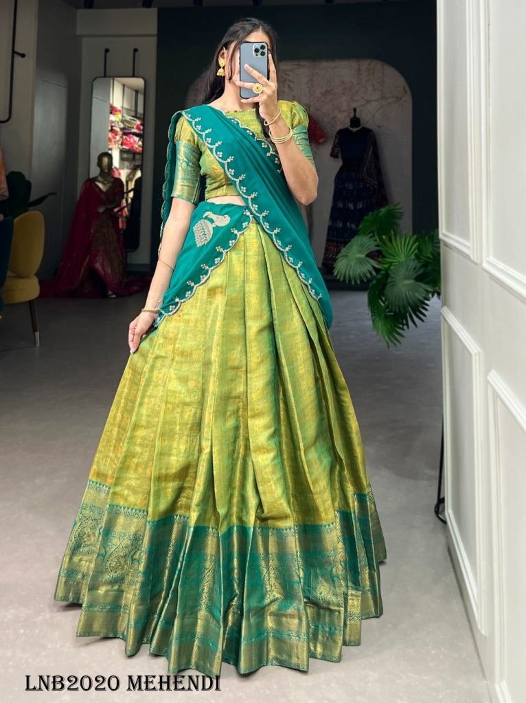 South Indian Kanjivaram Silk Mehendi Colour Lehenga