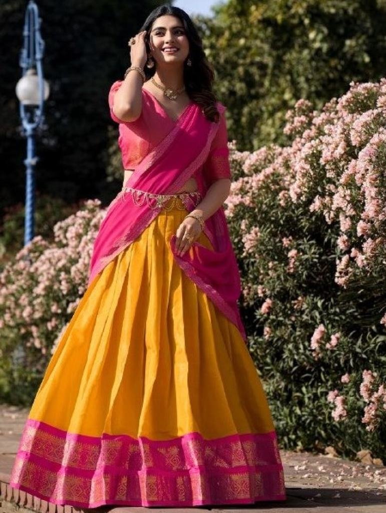 South Indian Style Mustard Colour Half lehenga With Pink Dupatta