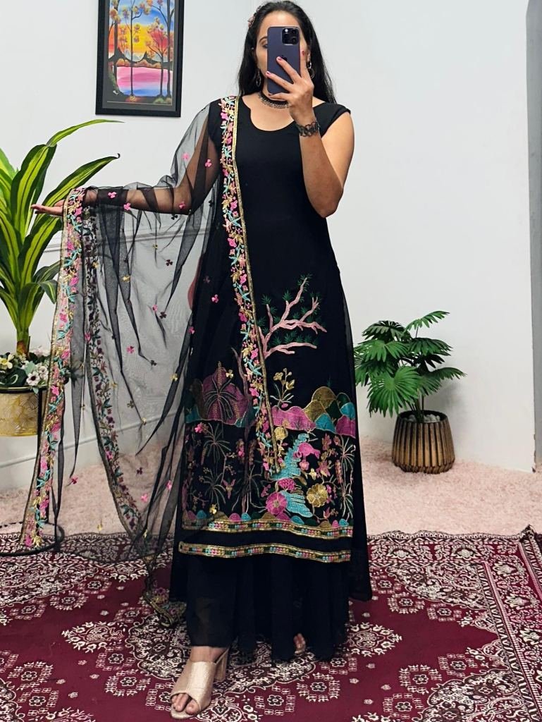 Stuning Black Colour Embroidery Work lehenga Kurti Dupatta Set