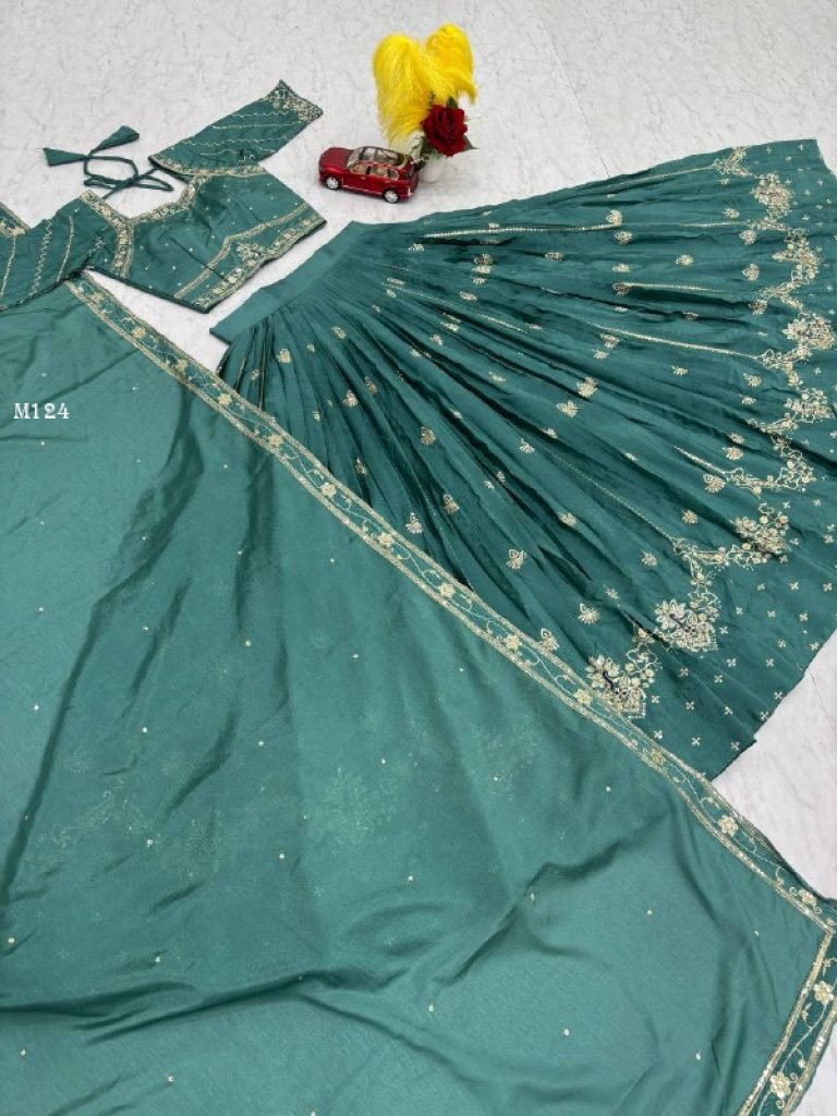 Stylish Chinon Teal Green Sequence Lehenga by Fab Funda