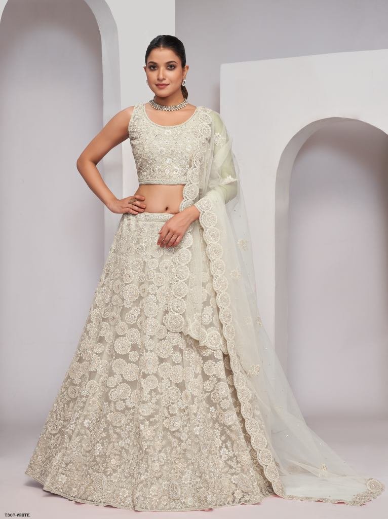 Traditional Wear White Soft Net Embroidery Lehenga Choli
