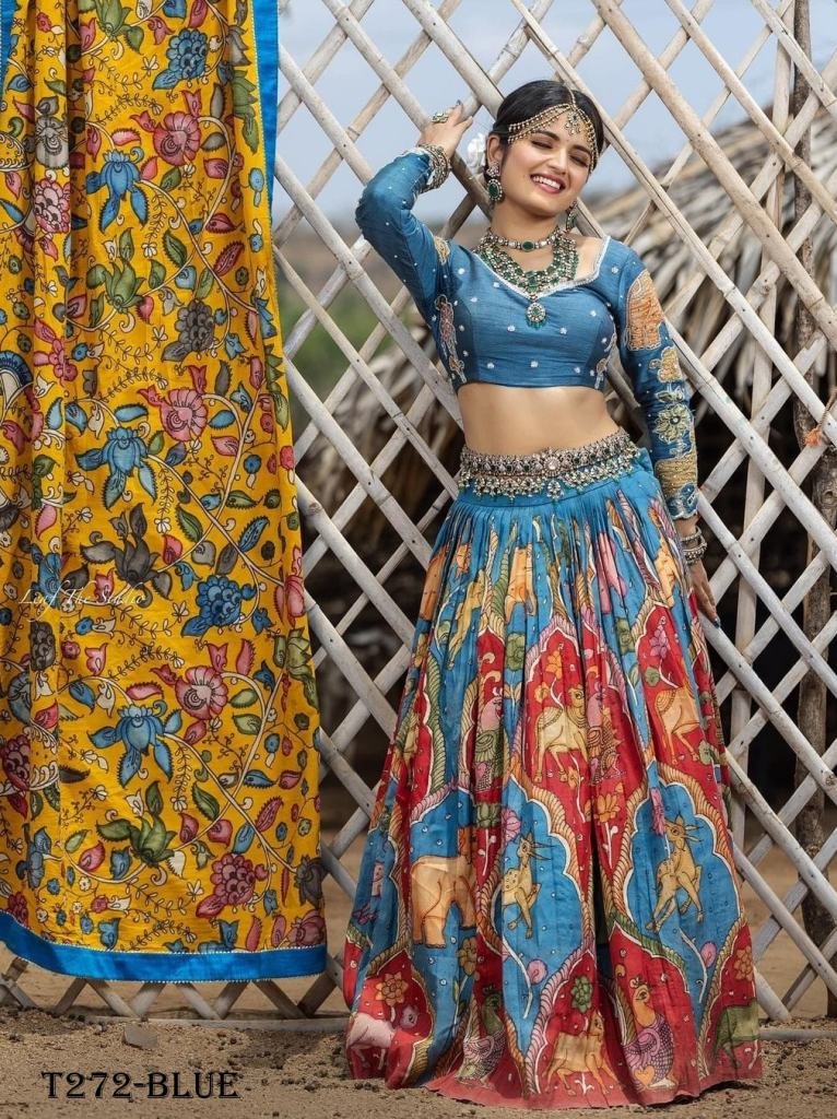Trending Collection Blue Silk Chinon Lehenga Choli With Kalamkari Print