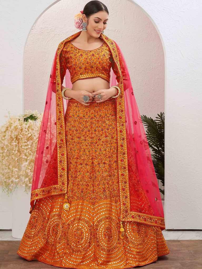 Unique Yellow Semi Stitched Jute Silk Lehenga choli