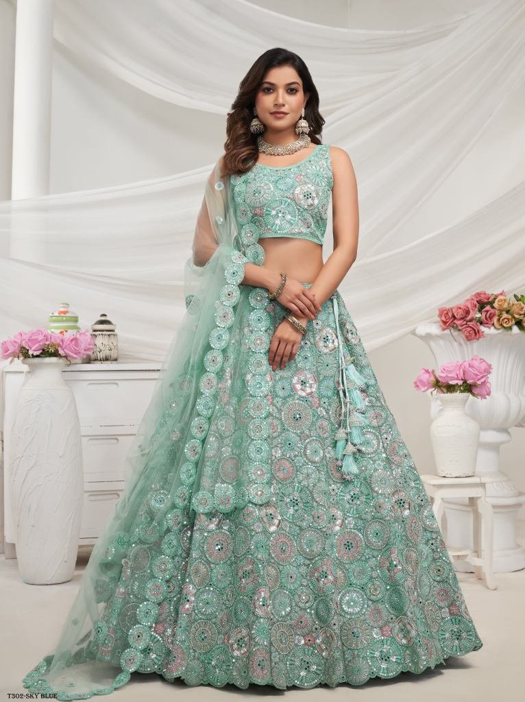 Wedding Wear Sky Blue Soft Net Lehenga Choli