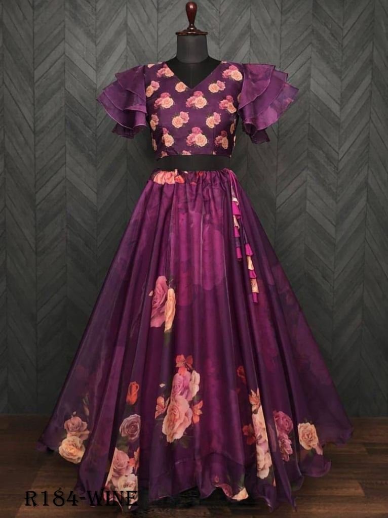 Wine Flower Digital Printed Soft Organza Lehenga
