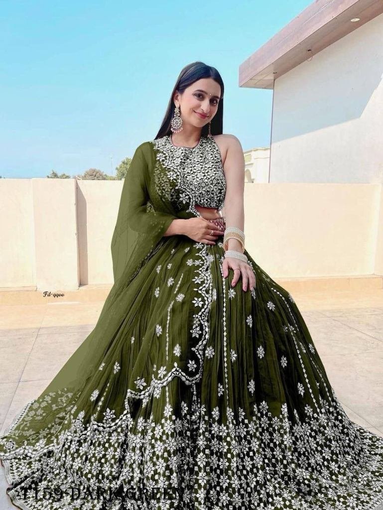 Women Dark Green Georgette With Design Work Lehenga Choli