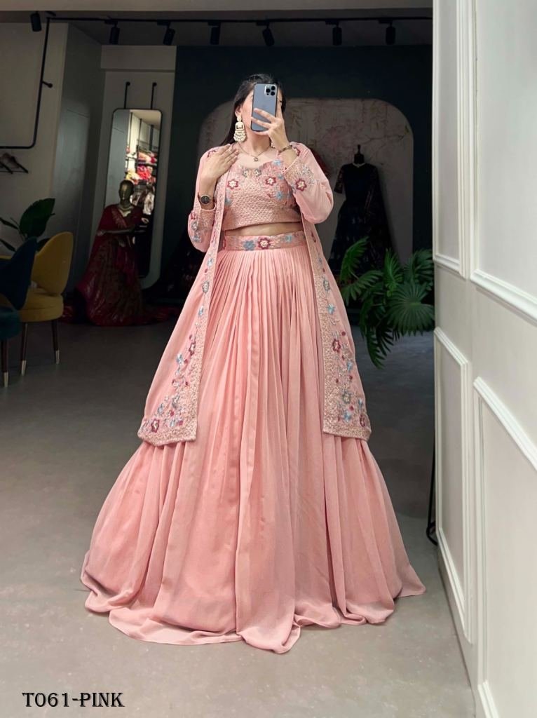 Women Georgette Embroidered Pink Lehenga Choli
