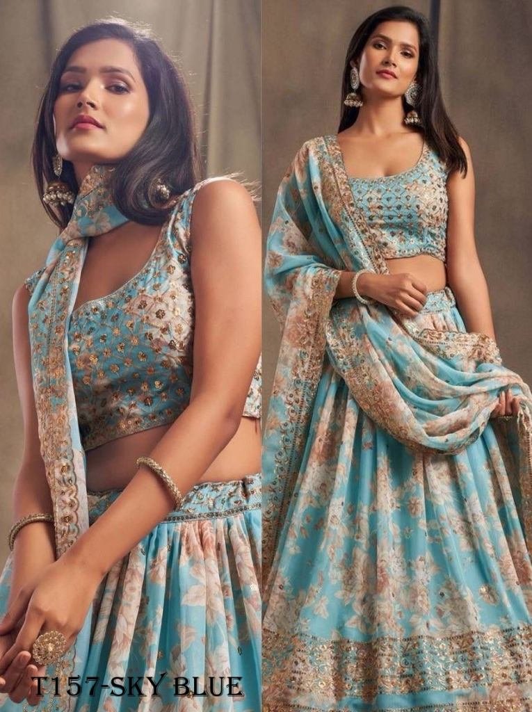 Womens Wear Sky Blue Organza Digital Print Lehenga Choli