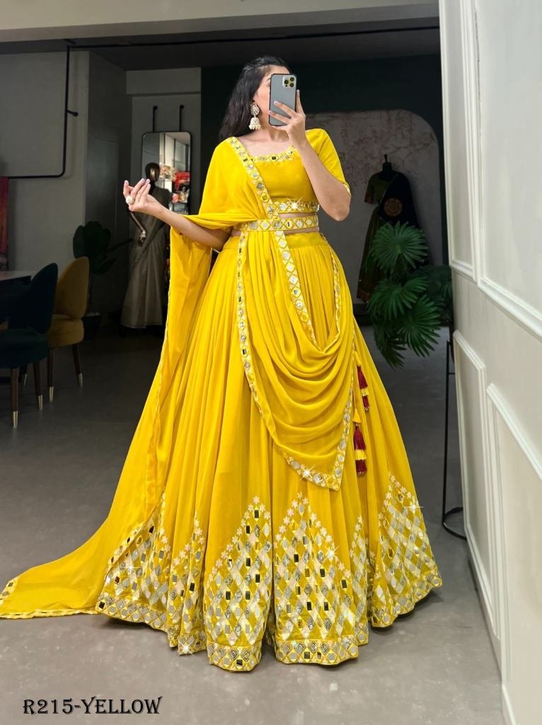 Yellow Classic Party Wear Georgette Lehenga Choli With Mirror Work Belt