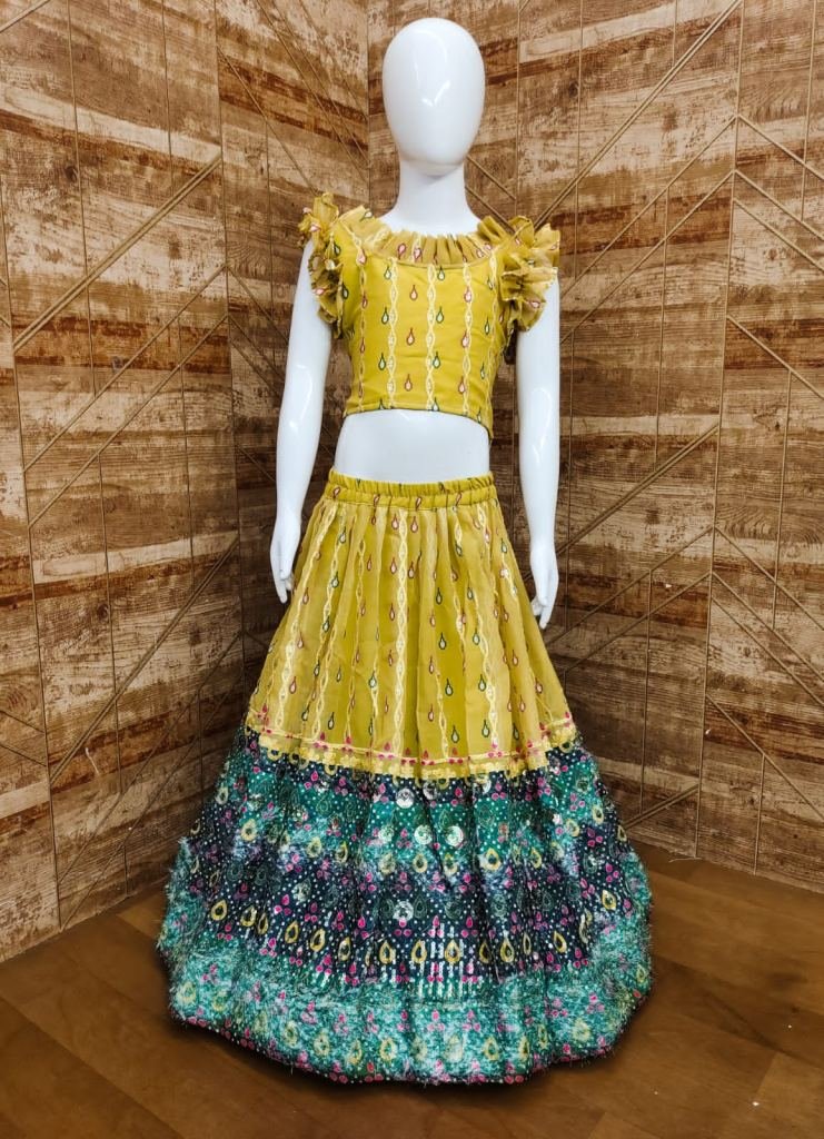 Yellow Designer Kids Girls Multi Work Georgette Lehenga Choli