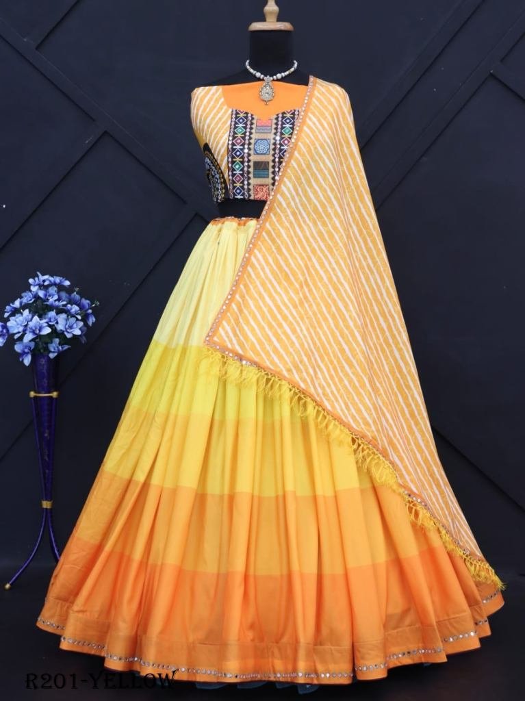 Yellow Digital Printed Muslin Cotton Lehenga Choli With Real Mirror Work