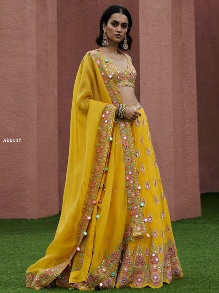 Yellow Georgette Mirror Embroidery Work Lehenga Choli for Haldi Special