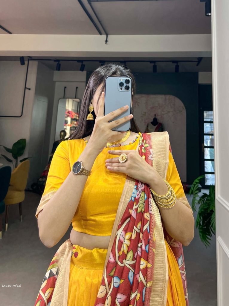 Yellow Kalamkari Print Dola Silk Lehenga Choli