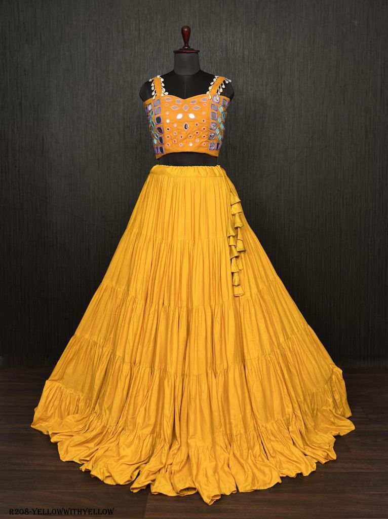 Yellow Real Mirror Work Rayon Navratri Lehenga Choli With Yellow Blouse