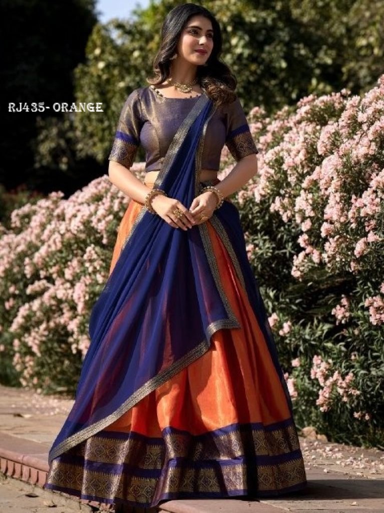 Zari Weaving Work Orange Color Half Lehenga
