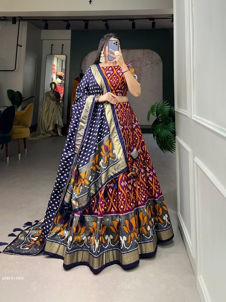 1615 Wine Fancy Foil Printed Tussar Silk Lehenga Choli