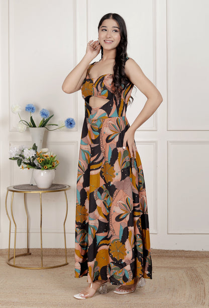 Miravan Womens Black Pure Cotton Floral Printed Sleeveless Cut Out Detail Western Dress