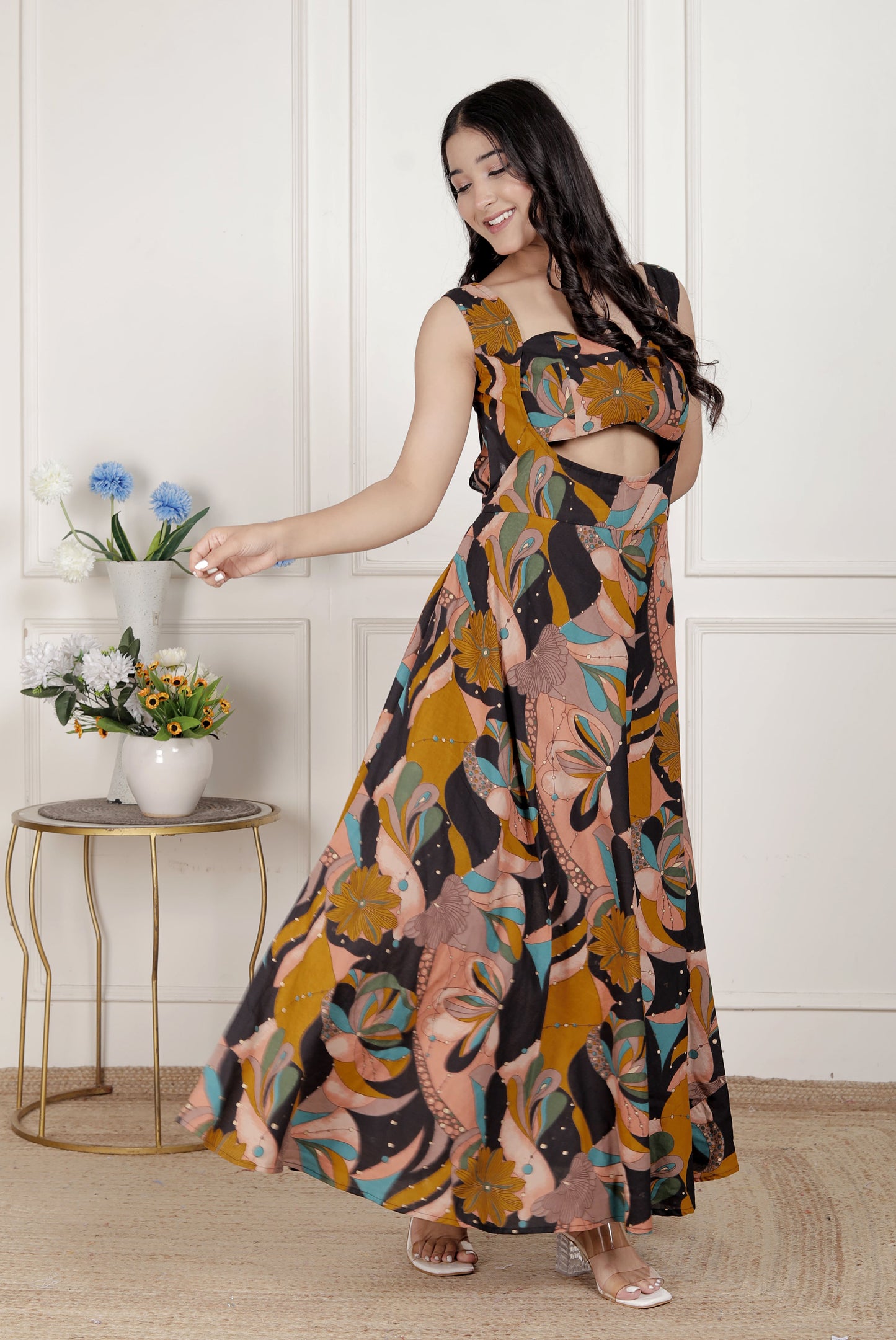 Miravan Womens Black Pure Cotton Floral Printed Sleeveless Cut Out Detail Western Dress