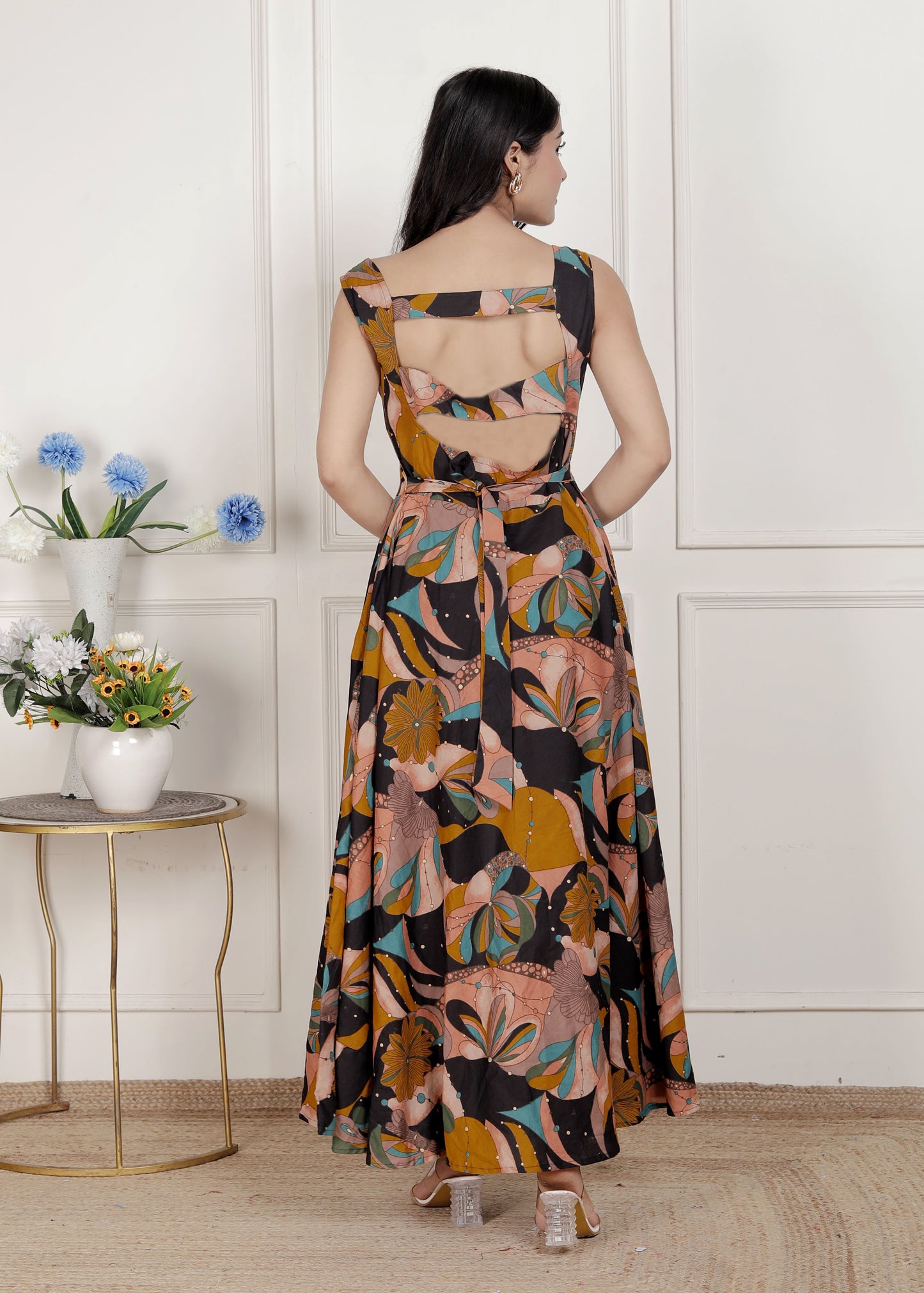 Miravan Womens Black Pure Cotton Floral Printed Sleeveless Cut Out Detail Western Dress