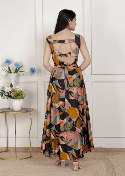 Miravan Womens Black Pure Cotton Floral Printed Sleeveless Cut Out Detail Western Dress